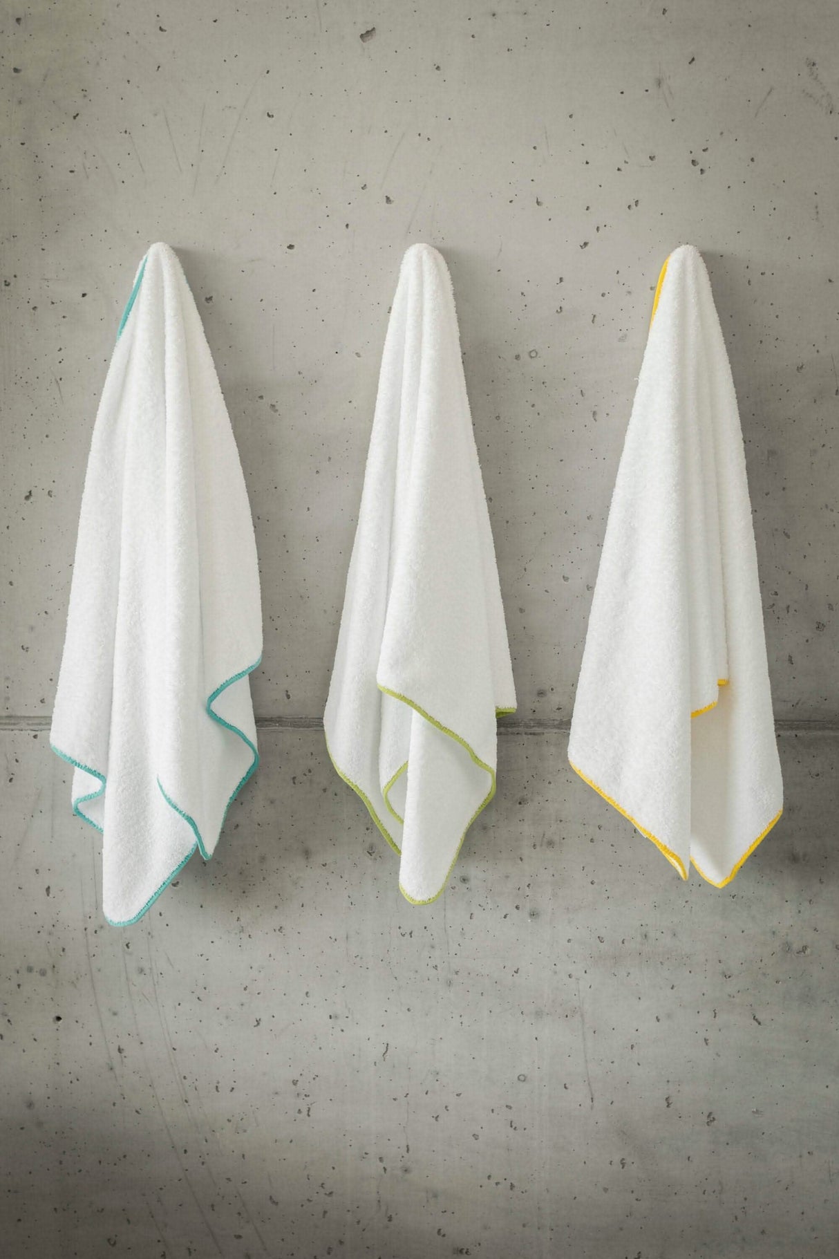 Abyss Surf Towels - 100 White Base. Contrasting Bias Trim, Left-to-Right: 302 Lagoon, 165 Apple Green and 830 Banane