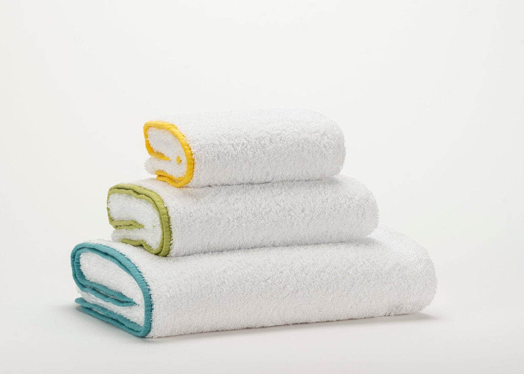 Abyss Surf Towels - 100 White Base. Contrasting Bias Trim, Top-to-Bottom: 830 Banane, 165 Apple Green and 302 Lagoon