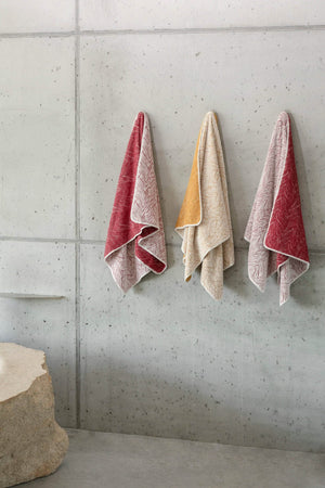 Abyss Vasco Towels, Centre: 840 Gold. Left & Right: 578 Canyon